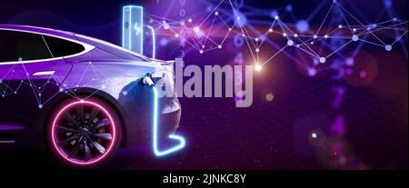 Electric car futuristic banner background. Charging the battery of an electric car on a bright, neon, cyberpunk, digital abstract background. Technology, automotive, industry concept. High quality photo Stock Photo