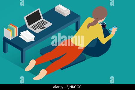 Illustration isometric to lie down and take a break during telework Stock Vector