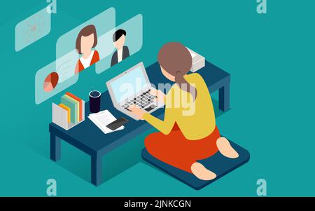 Illustration isometric where the desk is leaning forward on a low table during teleworking Stock Vector