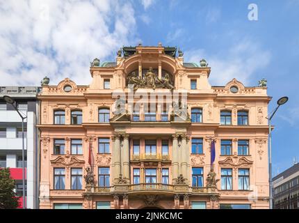 Beautiful house on the Vaclavske Namesti (or Wenceslas Square), one of the main city squares of Prague, where there are large hotels, shops and cafes. Stock Photo