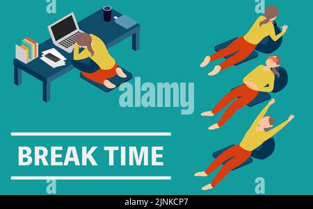 A set of women taking a rest tired from teleworking isometric Stock Vector