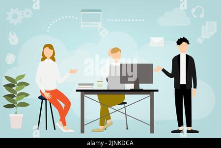 Image illustration of a man working in the office while consulting with a colleague Stock Vector
