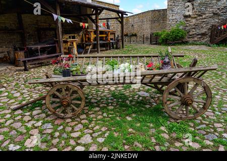 Very old looking carriage with various decoration on very old cobbled street. Stock Photo