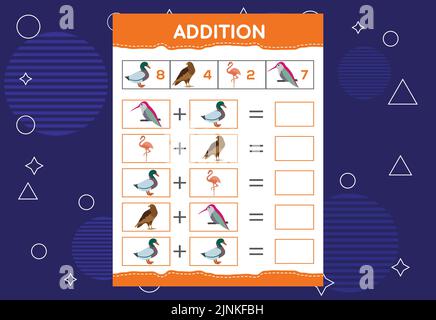 Addition with different birds for kids. An educational worksheet for ...