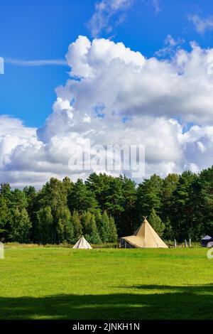 Tents in the forest on a meadow of green grass and cloudy sky. Stock Photo