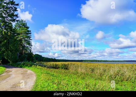 Green seaside landscape with white clouds on blue sky. Stock Photo
