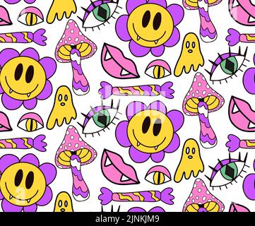 Groovy halloween seamless pattern 70s style. Psychedelic hippie endless texture background. vector illustration Stock Vector