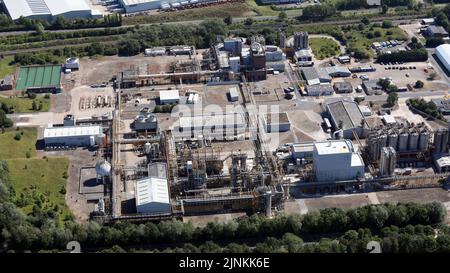 aerial view of Hydro Polymers Ltd (left side), INOVYN ChlorVinyls Ltd (right side) & Ineos factories / plants at Newton Aycliffe, County Durham Stock Photo