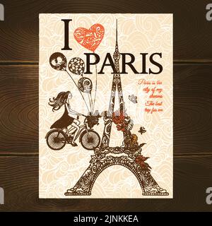 Vintage paris poster with Eiffel tower and girl riding a bicycle sketch vector illustration Stock Vector
