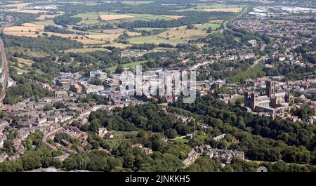 aerial view of the Durham city skyline from the south west with the railway line on the left edge and Durham Castle & Cathedral on the righ hand side Stock Photo