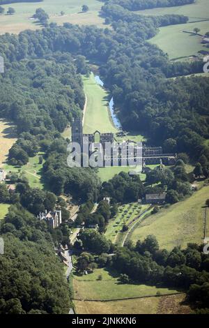 Aerial view taken from over 1500' of Fountains Abbey, near Ripon, one of the largest and best preserved ruined Cistercian monasteries in England. Stock Photo