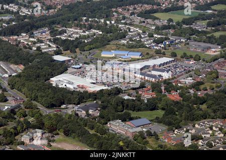 aerial view of the main shopping area at Catterick Garrison, including Tesco Superstore, Princes Gate Shopping Park & Catterick Leisure Centre Stock Photo