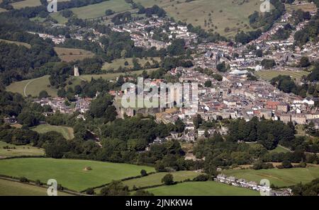 aerial view of Richmond town centre (with famous Castle & Market Place), North Yorkshire. The first and original Richmond in the world. Stock Photo