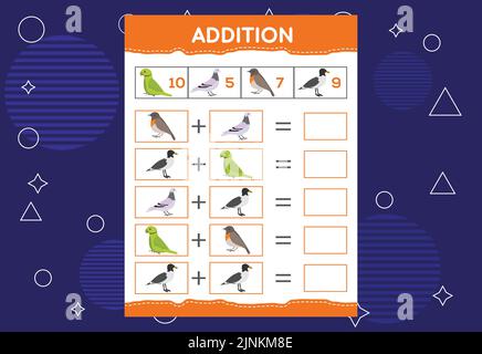 Addition Example Using Red Bird Addition with different birds for kids. An educational worksheet for ...