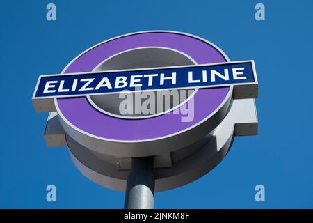 London Underground tube station sign for the Elizabeth Line at Canary Wharf, which opened as Queen Elizabeth II celebrated her Platinum Jubilee. Stock Photo