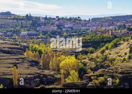 Mountain village perched high in the valley on a sunny fall day. Sepulveda, Segovia. Stock Photo