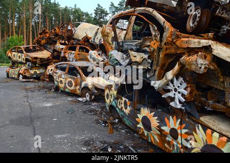 IRPIN, UKRAINE - AUGUST 11, 2022 - Sunflowers painted by artists are seen on the cars shot by the Russians during Russia's full-scale invasion of Ukra Stock Photo