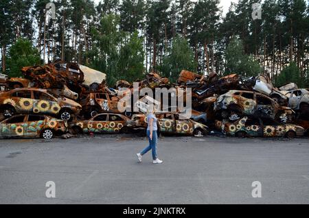 IRPIN, UKRAINE - AUGUST 11, 2022 - Sunflowers painted by artists are seen on the cars shot by the Russians during Russia's full-scale invasion of Ukra Stock Photo