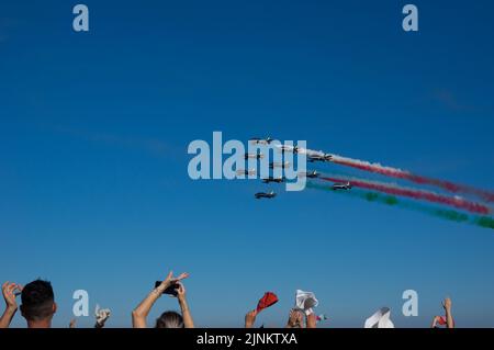 Air show Frecce Tricolori 2022 a Punta Marina, Ravenna, Italy, 2022-06-19, Italian flag in the air. Stock Photo