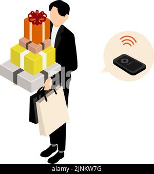 Isometric, a man who unlocks a car with a smart key Stock Vector