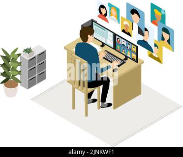Isometric, teleworking people working from home are having an online meeting Stock Vector