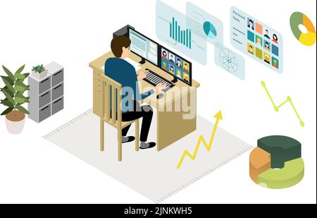 Isometric, teleworking people working from home are having an online meeting Stock Vector