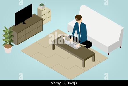 Isometric, people teleworking at the low table in the living room Stock Vector