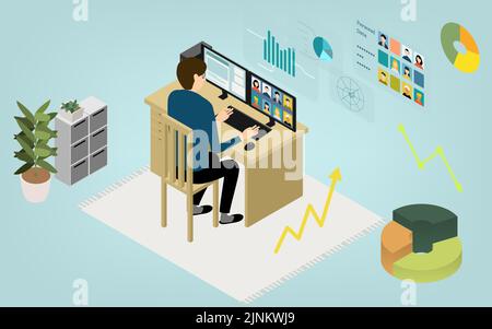Isometric, teleworking people working from home are having an online meeting Stock Vector