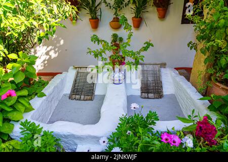 Old Andalusian patio with basins of water to wash clothes by hand. Cordoba Spain. Stock Photo