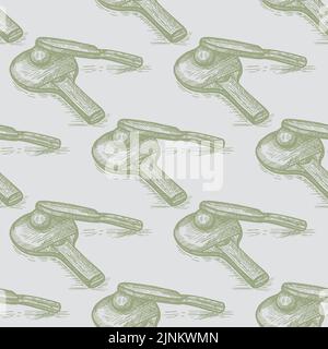 Ping pong racket engraved seamless pattern. Vintage sport elements for table tennis in hand drawn. Sketch texture for fabric, wallpaper, textile, prin Stock Vector