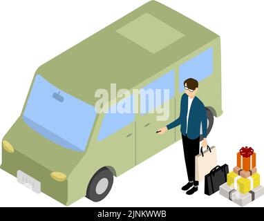 Isometric, a man who gets into a car with luggage Stock Vector