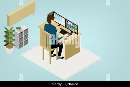 Isometric, teleworking people working from home are having an online meeting Stock Vector