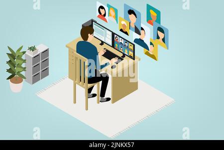 Isometric, teleworking people working from home are having an online meeting Stock Vector