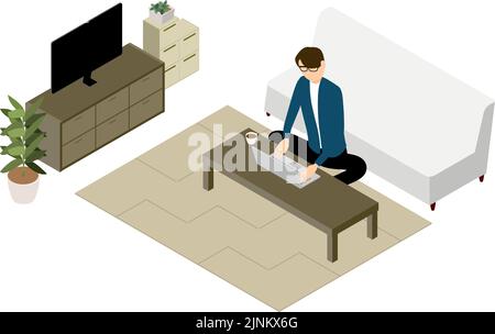 Isometric, people teleworking at the low table in the living room Stock Vector