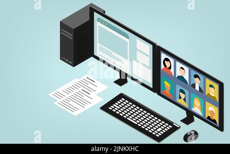 Isometric, PC ready for online meetings Stock Vector
