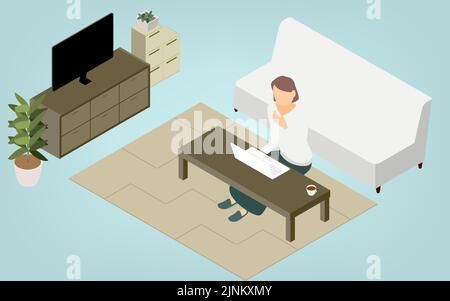 Isometric, people teleworking at the low table in the living room Stock Vector