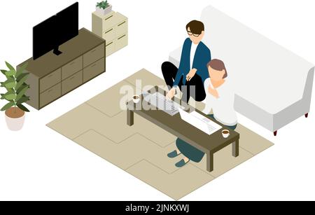 Isometric, people teleworking at the low table in the living room Stock Vector