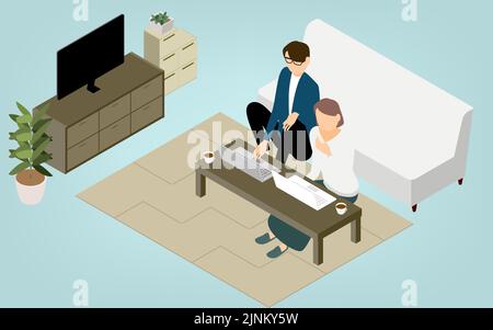 Isometric, people teleworking at the low table in the living room Stock Vector