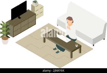 Isometric, people teleworking at the low table in the living room Stock Vector