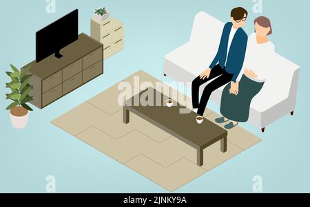 Isometric, pregnant wife and husband relaxing in the living room Stock Vector