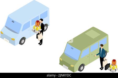 Isometric, a man who gets into a car with luggage Stock Vector