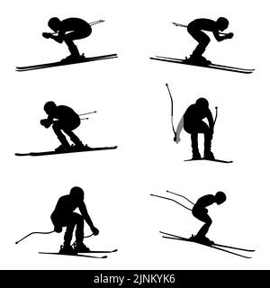 set black silhouette athlete skier downhill vector Stock Photo