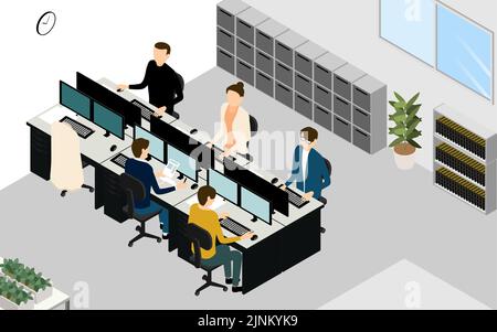 Scenery of working while ventilating in the office, isometric Stock Vector