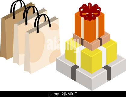 Gift box and shopping bag for presents with isometric, ribbon wrapping Stock Vector