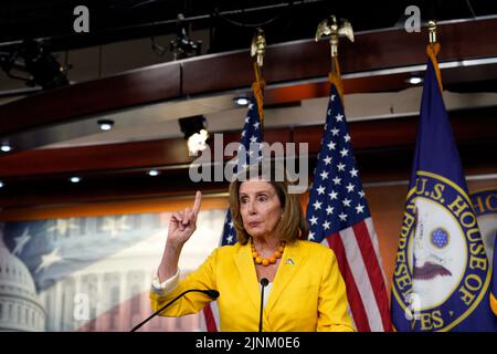 Washington DC, USA. 12th Aug, 2022. U.S. House Speaker Nancy Pelosi (D-CA) speaks at her weekly press conference on Capitol Hill in Washington on August 12, 2022. Photo by Yuri Gripas/ABACAPRESS.COM Credit: Abaca Press/Alamy Live News Stock Photo