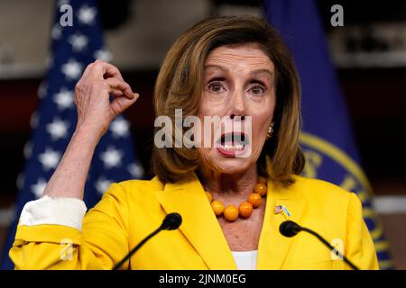 Washington DC, USA. 12th Aug, 2022. U.S. House Speaker Nancy Pelosi (D-CA) speaks at her weekly press conference on Capitol Hill in Washington on August 12, 2022. Photo by Yuri Gripas/ABACAPRESS.COM Credit: Abaca Press/Alamy Live News Stock Photo