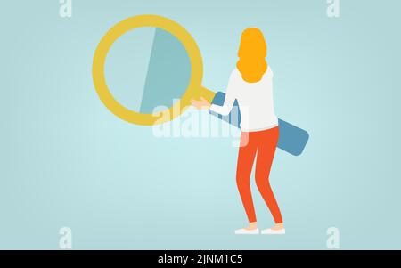 Back view of a woman doing research with a large magnifying glass Stock Vector