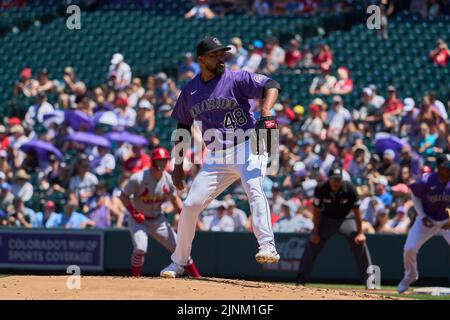 August 11 2022: Colorado pitcher German Marquez 48) throws a pitch during the game with Saint Louis Cardinals and Colorado Rockies held at Coors Field in Denver Co. David Seelig/Cal Sport Medi Credit: Cal Sport Media/Alamy Live News Stock Photo