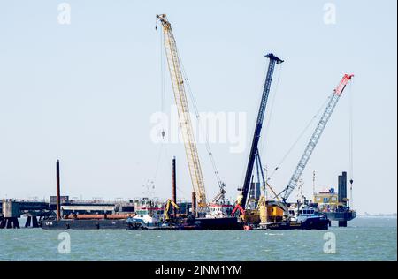Wilhelmshaven, Germany. 12th Aug, 2022. Several pontoons and floating cranes lie at the construction site for the planned LNG terminal in the North Sea off Wilhelmshaven. Minister President Weil visited the future jetty together with Lower Saxony's Environment Minister Lies. Credit: Hauke-Christian Dittrich/dpa/Alamy Live News Stock Photo