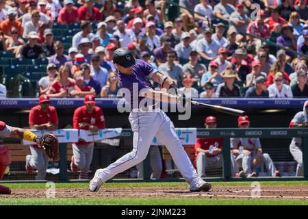 August 11 2022: Colorado catcher Brian Serven (6) gets a hit during the game with Saint Louis Cardinals and Colorado Rockies held at Coors Field in Denver Co. David Seelig/Cal Sport Medi Credit: Cal Sport Media/Alamy Live News Stock Photo